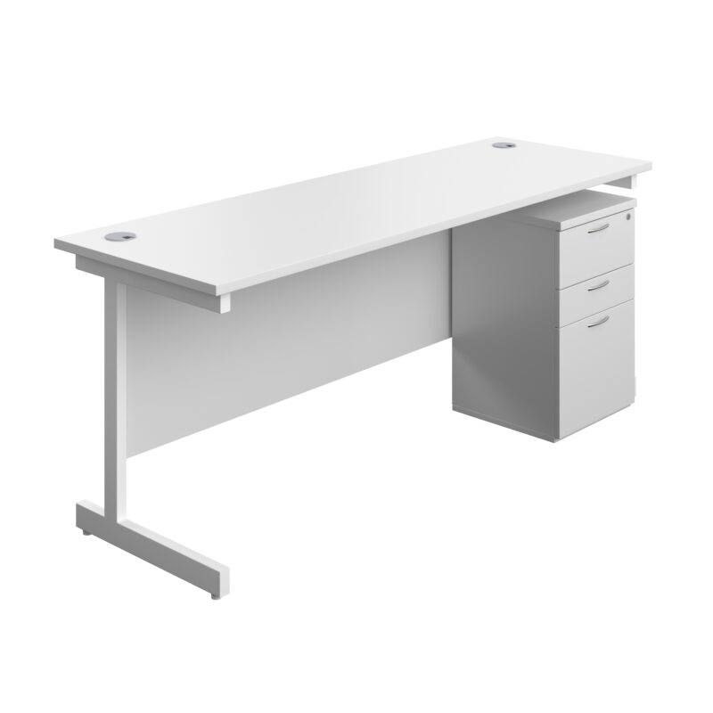 Single Upright Rectangular Desk + High Mobile Pedestal 3 Drawer | 1800 X 600 | White/White