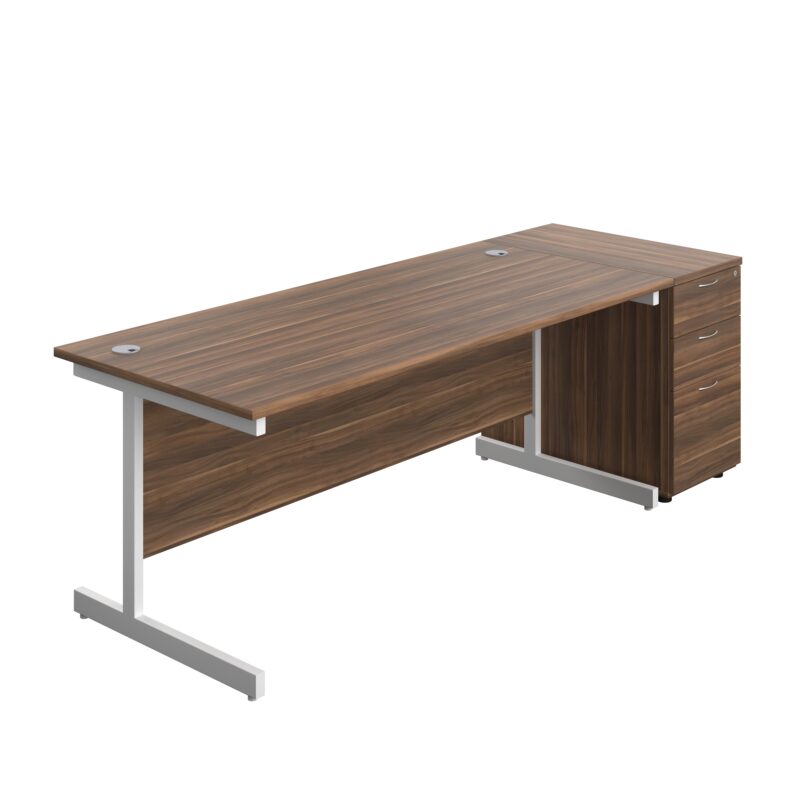 Single Upright Rectangular Desk + Desk High 3 Drawer Pedestal | 1800 X 800 | Dark Walnut/White