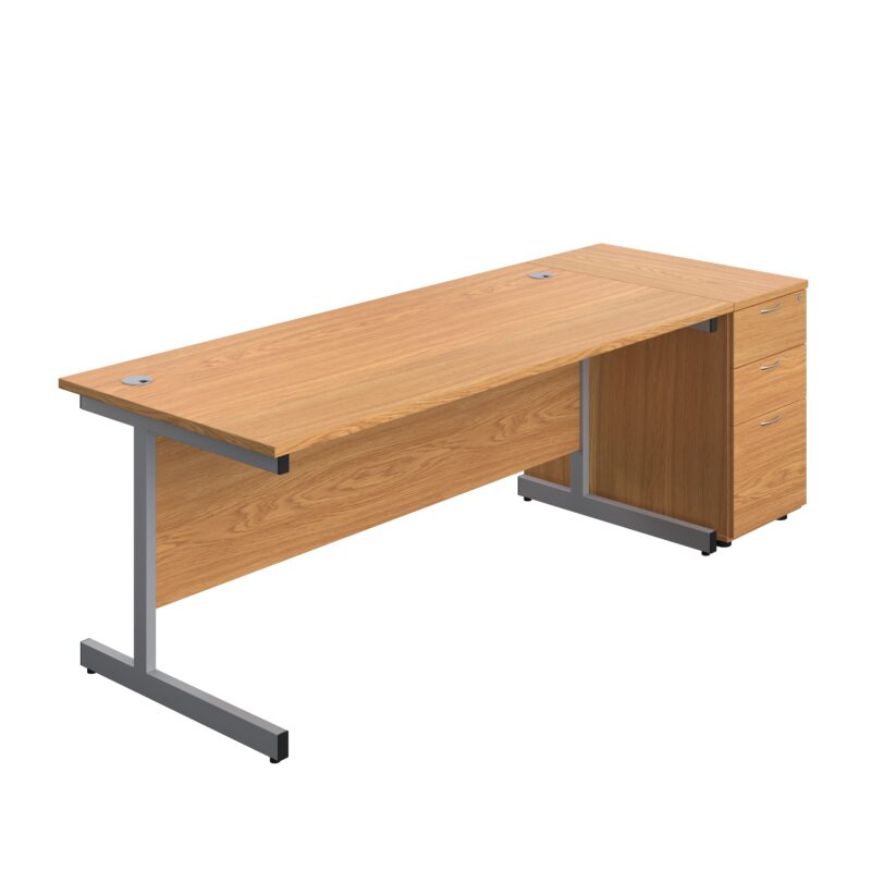 Single Upright Rectangular Desk + Desk High 3 Drawer Pedestal | 1800 X 800 | Nova Oak/Silver