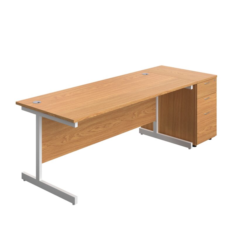 Single Upright Rectangular Desk + Desk High 3 Drawer Pedestal | 1800 X 800 | Nova Oak/White