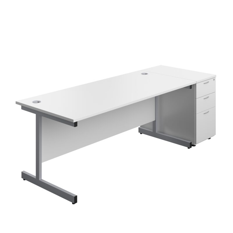 Single Upright Rectangular Desk + Desk High 3 Drawer Pedestal | 1800 X 800 | White/Silver