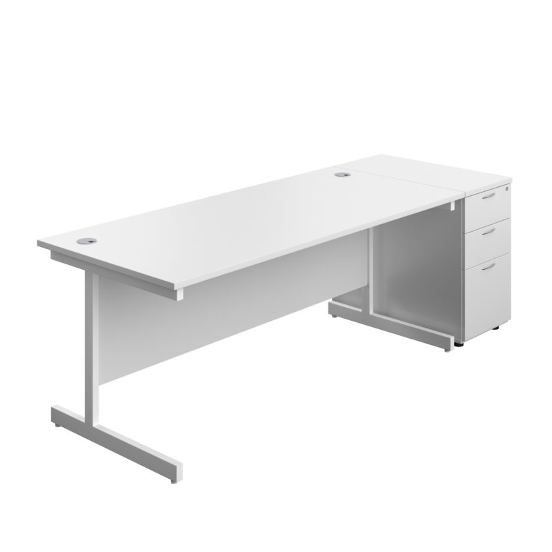 Single Upright Rectangular Desk + Desk High 3 Drawer Pedestal | 1800 X 800 | White/White