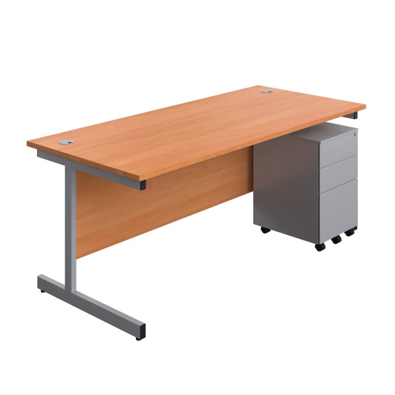 Single Upright Rectangular Desk + Under Desk Steel Pedestal 3 Drawers | 1800 X 800 | Beech/Silver