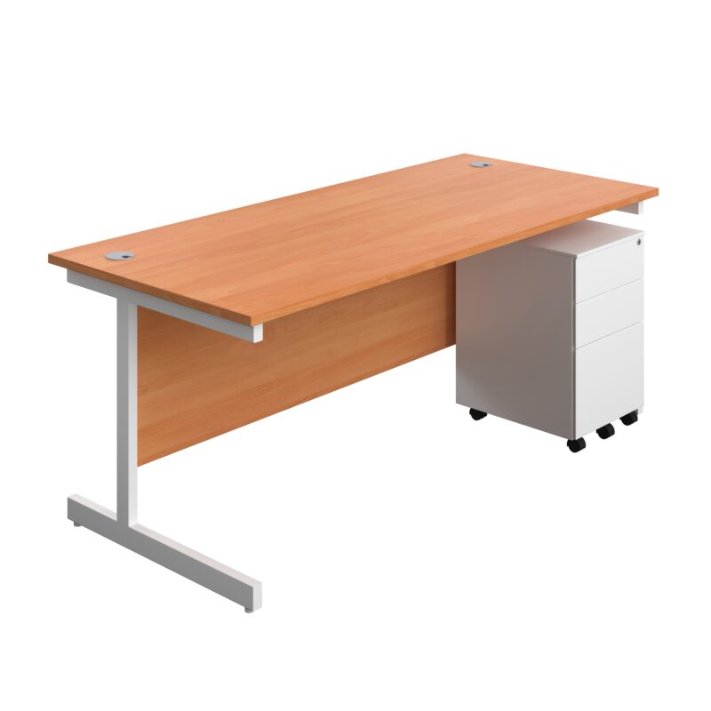 Single Upright Rectangular Desk + Under Desk Steel Pedestal 3 Drawers | 1800 X 800 | Beech/White