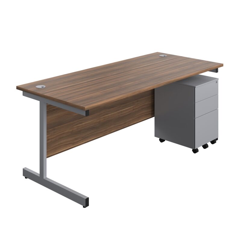 Single Upright Rectangular Desk + Under Desk Steel Pedestal 3 Drawers | 1800 X 800 | Dark Walnut/Silver