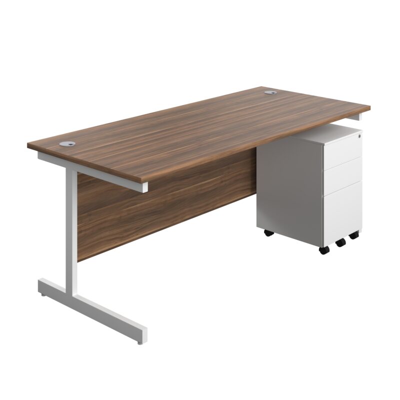 Single Upright Rectangular Desk + Under Desk Steel Pedestal 3 Drawers | 1800 X 800 | Dark Walnut/White