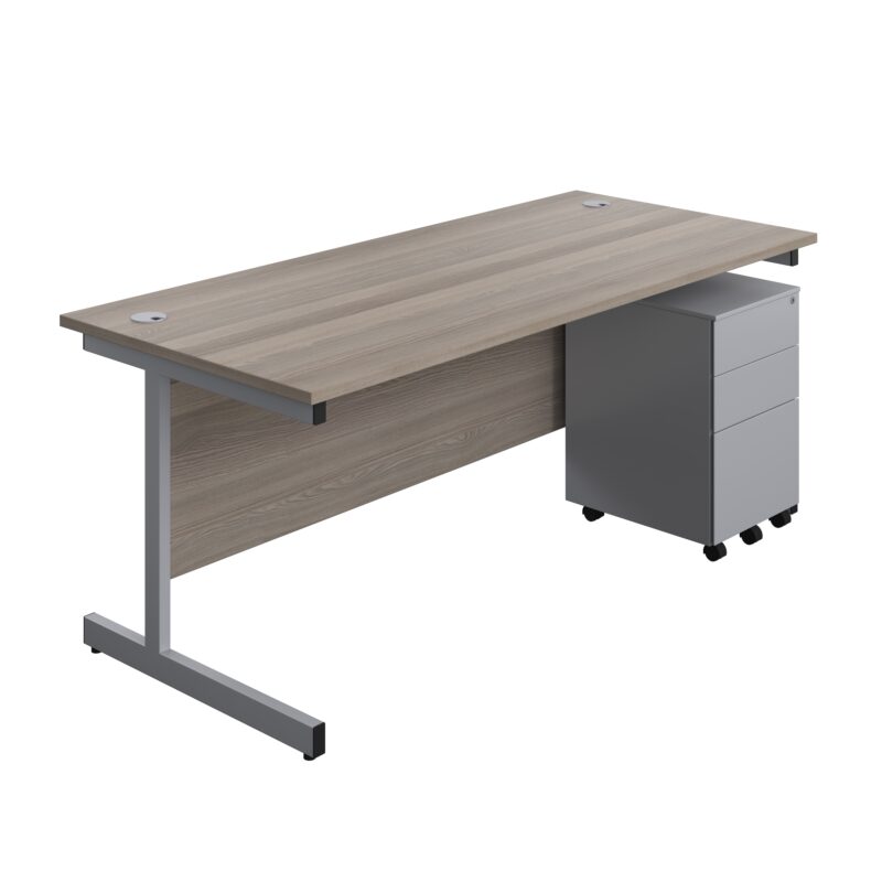 Single Upright Rectangular Desk + Under Desk Steel Pedestal 3 Drawers | 1800 X 800 | Grey Oak/Silver