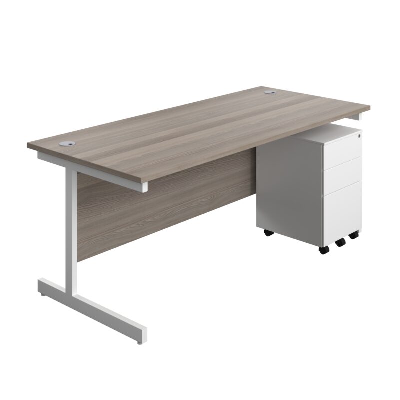 Single Upright Rectangular Desk + Under Desk Steel Pedestal 3 Drawers | 1800 X 800 | Grey Oak/White