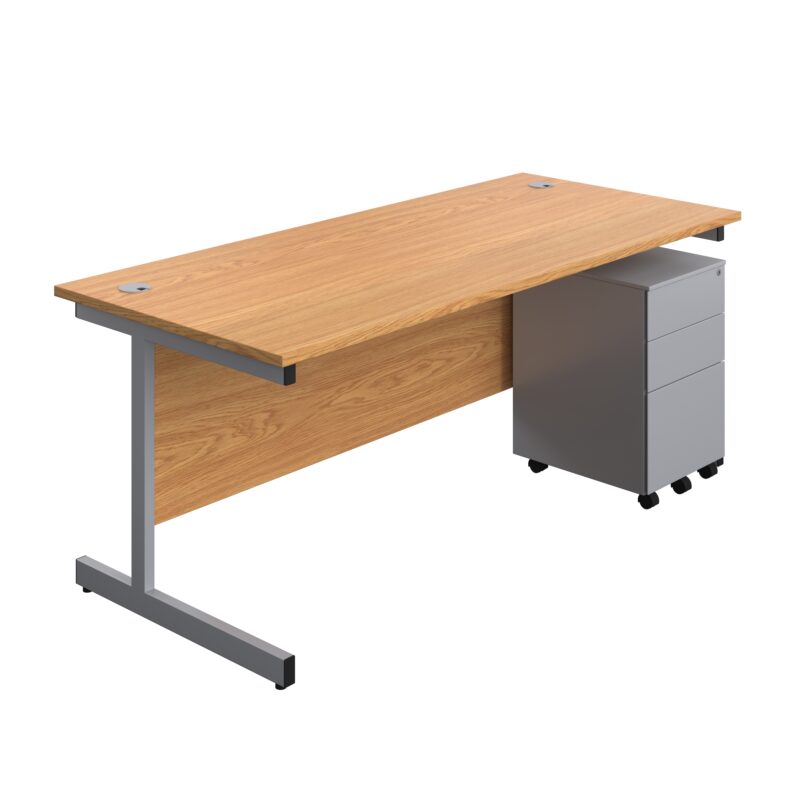 Single Upright Rectangular Desk + Under Desk Steel Pedestal 3 Drawers | 1800 X 800 | Nova Oak/Silver