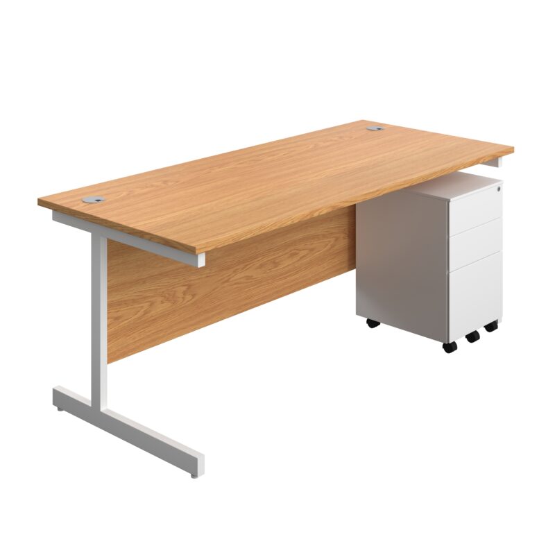 Single Upright Rectangular Desk + Under Desk Steel Pedestal 3 Drawers | 1800 X 800 | Nova Oak/White