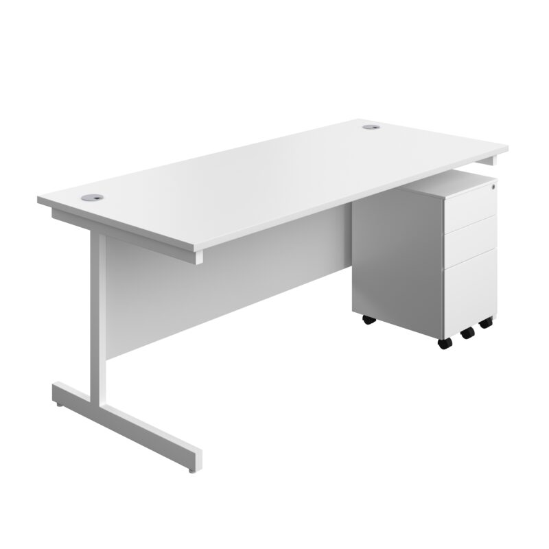 Single Upright Rectangular Desk + Under Desk Steel Pedestal 3 Drawers | 1800 X 800 | White/White