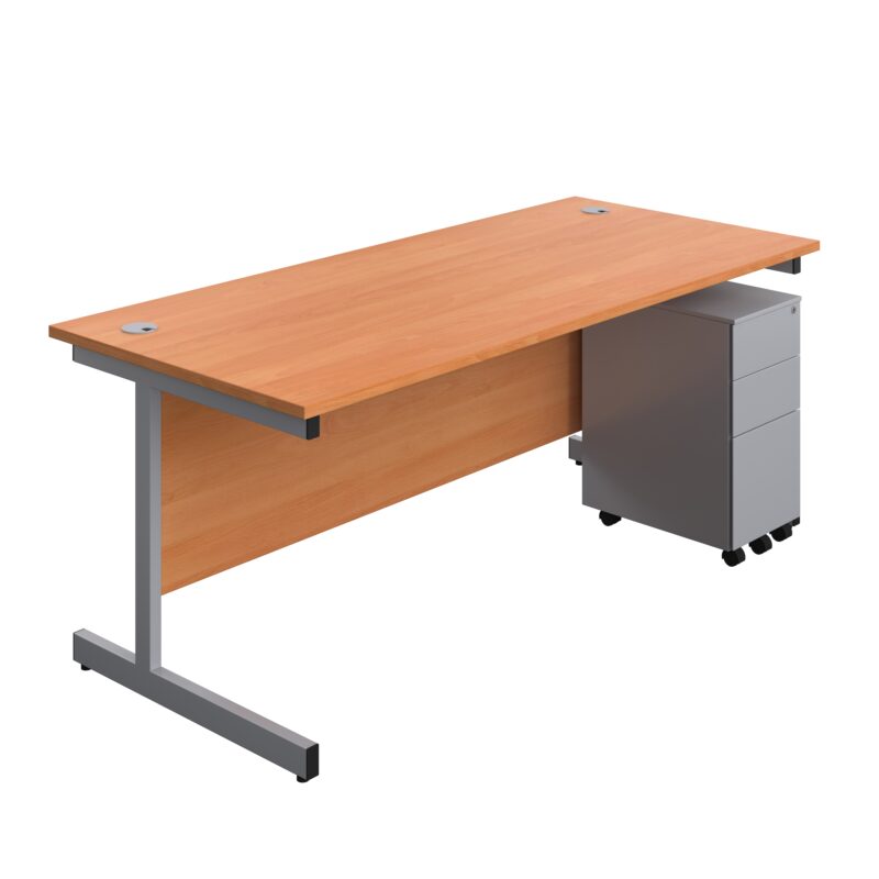 Single Upright Rectangular Desk + Slimline Steel Pedestal 3 Drawers | 1800 X 800 | Beech/Silver