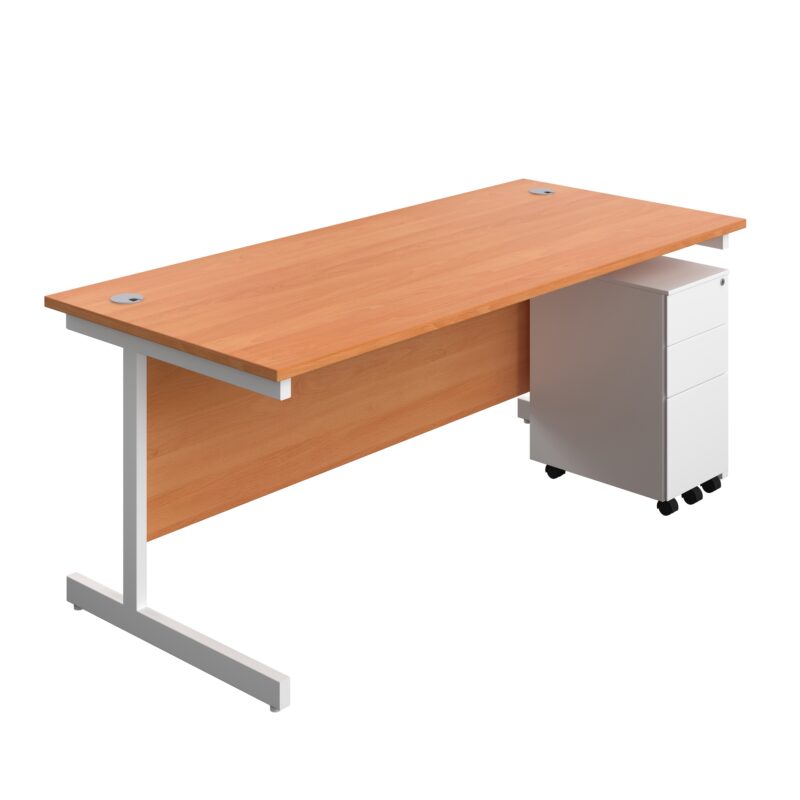 Single Upright Rectangular Desk + Slimline Steel Pedestal 3 Drawers | 1800 X 800 | Beech/White