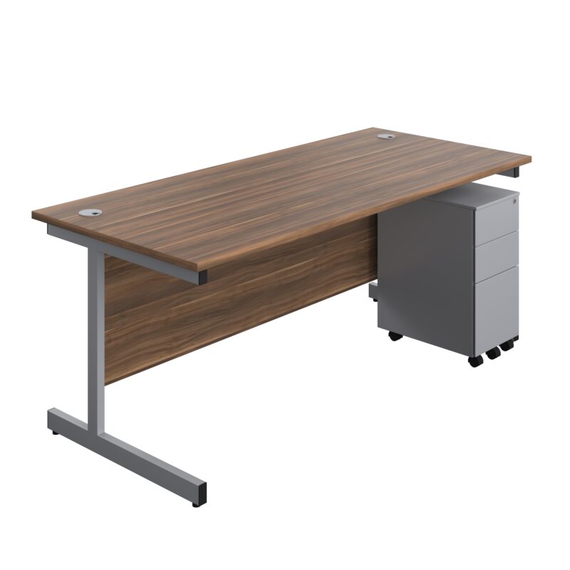 Single Upright Rectangular Desk + Slimline Steel Pedestal 3 Drawers | 1800 X 800 | Dark Walnut/Silver