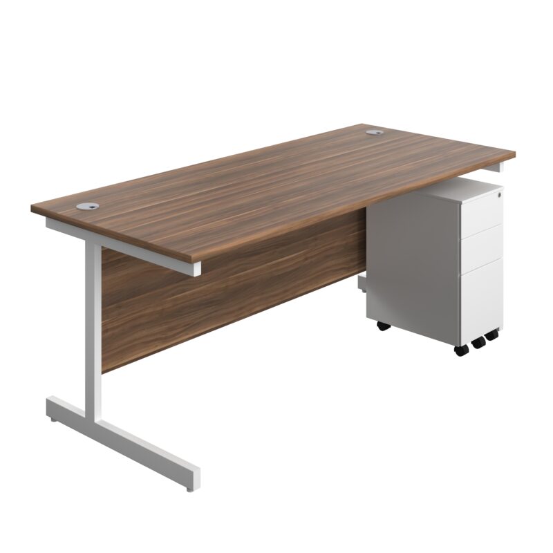 Single Upright Rectangular Desk + Slimline Steel Pedestal 3 Drawers | 1800 X 800 | Dark Walnut/White