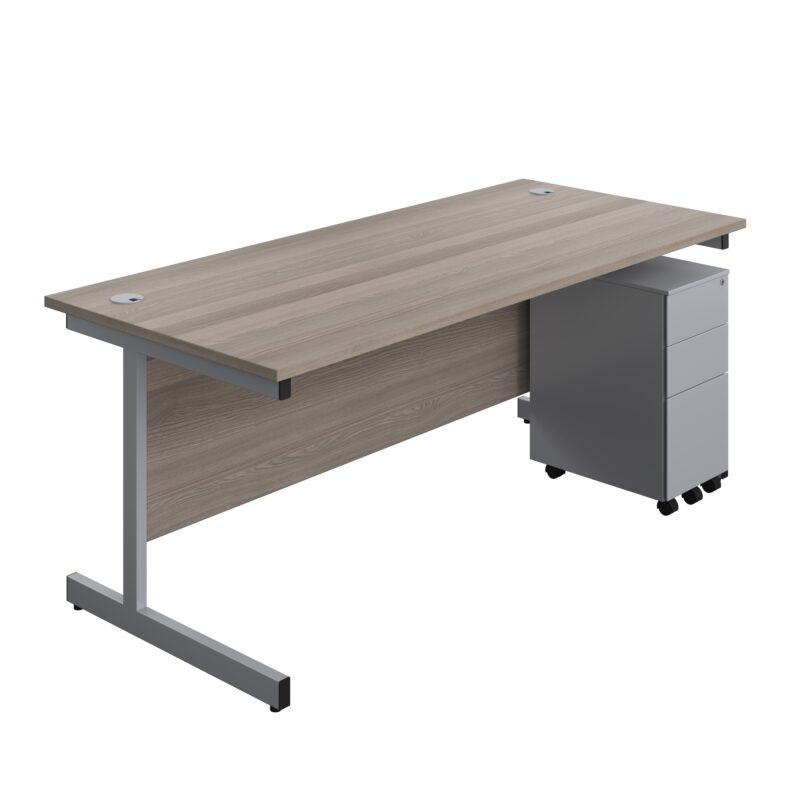 Single Upright Rectangular Desk + Slimline Steel Pedestal 3 Drawers | 1800 X 800 | Grey Oak/Silver