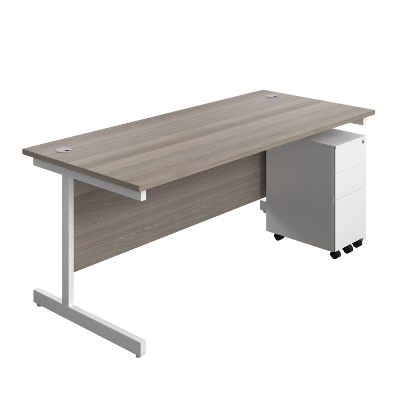 Single Upright Rectangular Desk + Slimline Steel Pedestal 3 Drawers | 1800 X 800 | Grey Oak/White