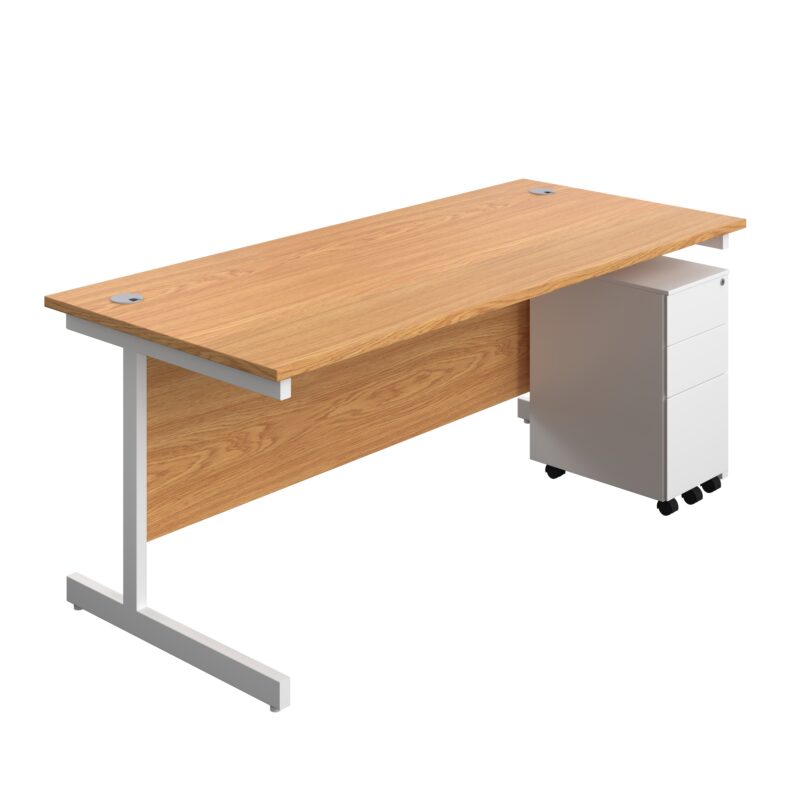 Single Upright Rectangular Desk + Slimline Steel Pedestal 3 Drawers | 1800 X 800 | Nova Oak/White