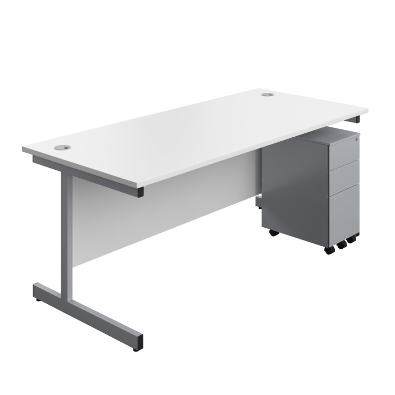 Single Upright Rectangular Desk + Slimline Steel Pedestal 3 Drawers | 1800 X 800 | White/Silver