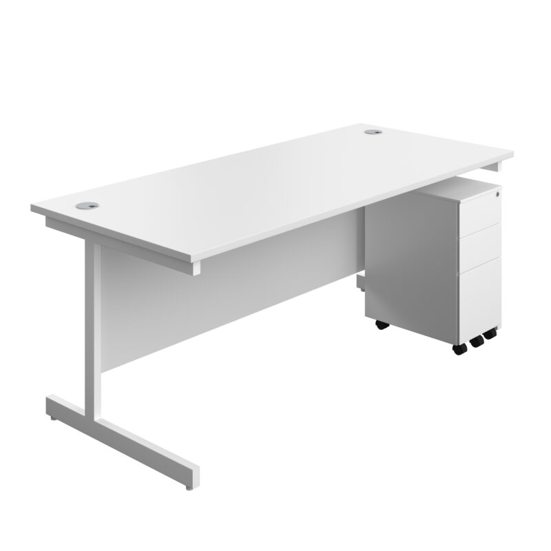 Single Upright Rectangular Desk + Slimline Steel Pedestal 3 Drawers | 1800 X 800 | White/White