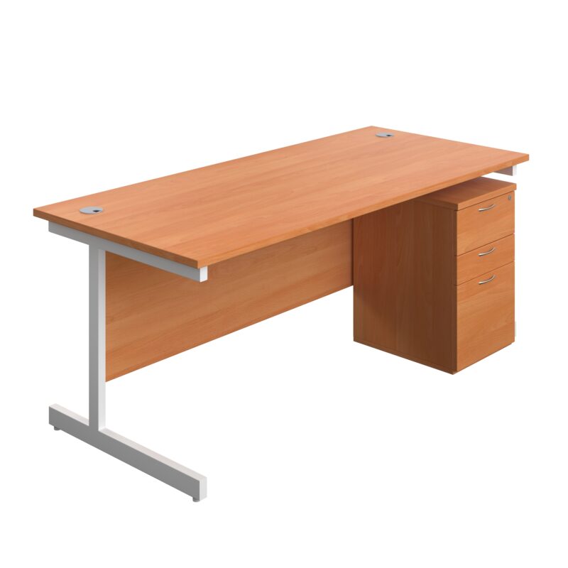 Single Upright Rectangular Desk + High Mobile Pedestal 3 Drawer | 1800 X 800 | Beech/White