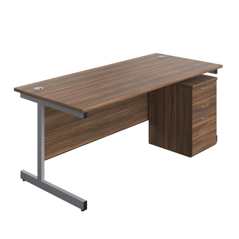 Single Upright Rectangular Desk + High Mobile Pedestal 3 Drawer | 1800 X 800 | Dark Walnut/Silver