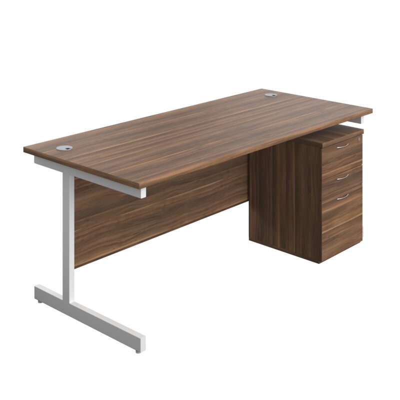 Single Upright Rectangular Desk + High Mobile Pedestal 3 Drawer | 1800 X 800 | Dark Walnut/White