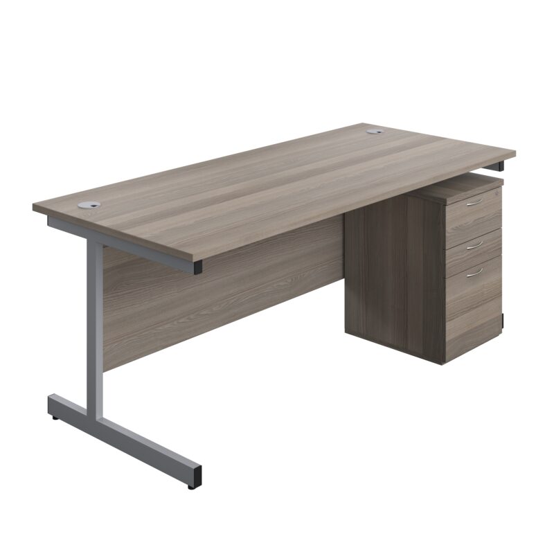 Single Upright Rectangular Desk + High Mobile Pedestal 3 Drawer | 1800 X 800 | Grey Oak/Silver