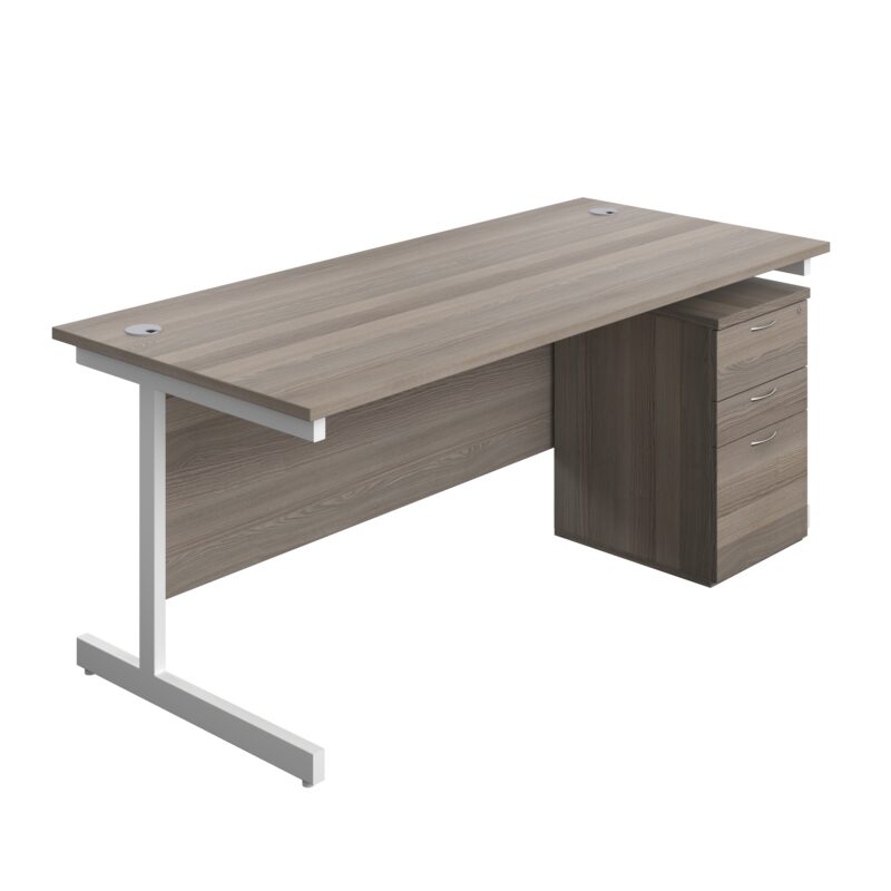 Single Upright Rectangular Desk + High Mobile Pedestal 3 Drawer | 1800 X 800 | Grey Oak/White