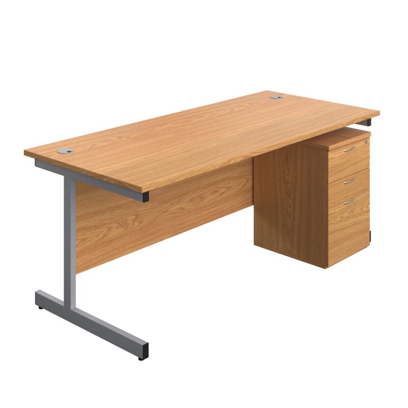 Single Upright Rectangular Desk + High Mobile Pedestal 3 Drawer | 1800 X 800 | Nova Oak/Silver