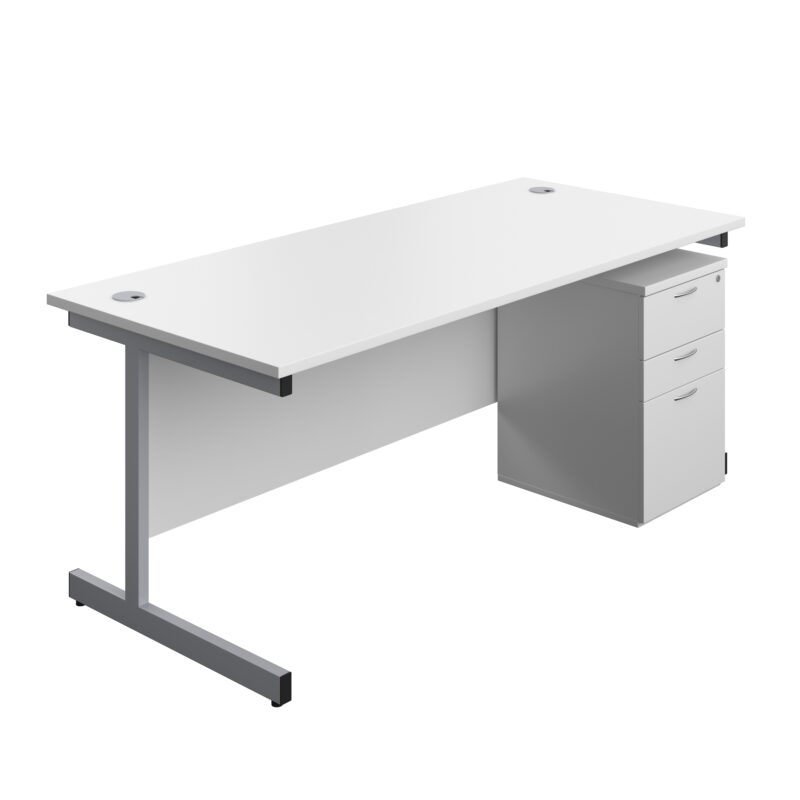 Single Upright Rectangular Desk + High Mobile Pedestal 3 Drawer | 1800 X 800 | White/Silver