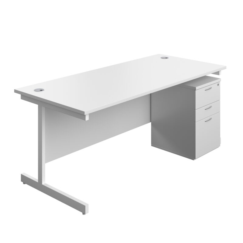 Single Upright Rectangular Desk + High Mobile Pedestal 3 Drawer | 1800 X 800 | White/White