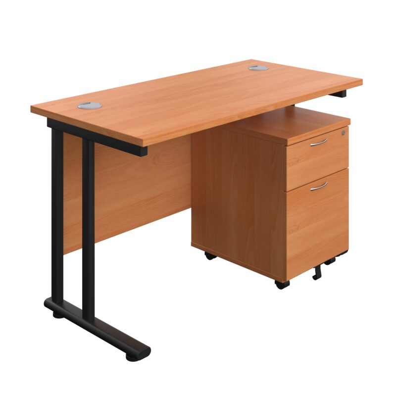 Twin Upright Rectangular Desk + Mobile 2 Drawer Pedestal | 1200X600 | Beech/Black