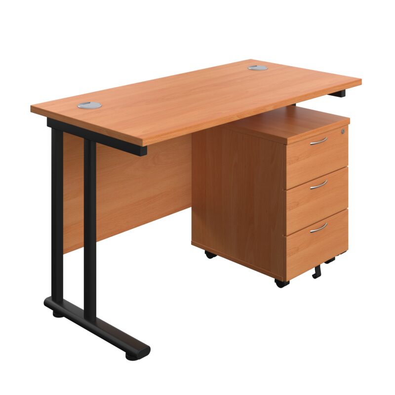 Twin Upright Rectangular Desk + Mobile 3 Drawer Pedestal | 1200X600 | Beech/Black