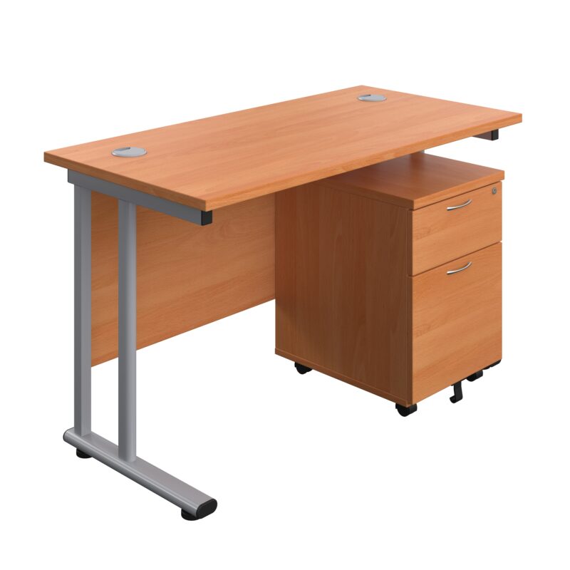 Twin Upright Rectangular Desk + Mobile 2 Drawer Pedestal | 1200X600 | Beech/Silver