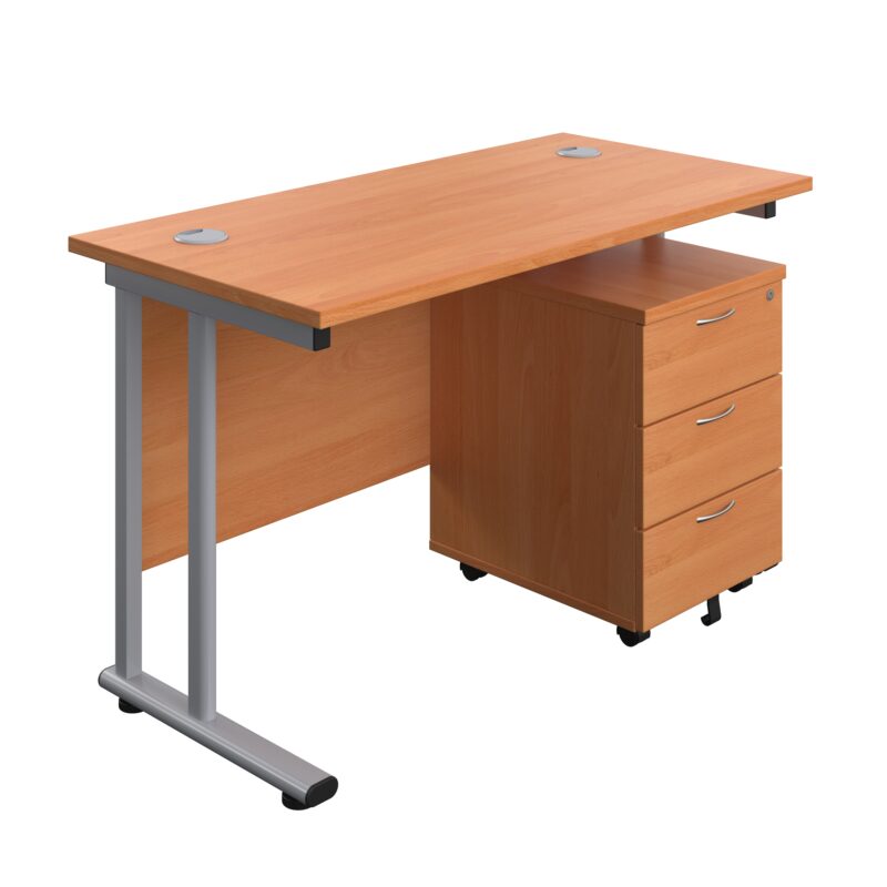 Twin Upright Rectangular Desk + Mobile 3 Drawer Pedestal | 1200X600 | Beech/Silver