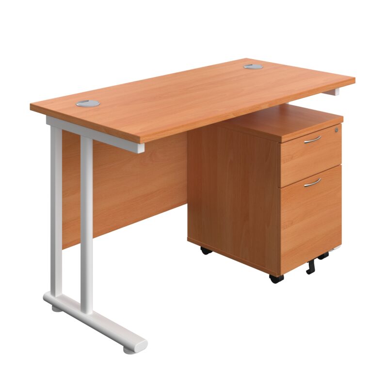 Twin Upright Rectangular Desk + Mobile 2 Drawer Pedestal | 1200X600 | Beech/White