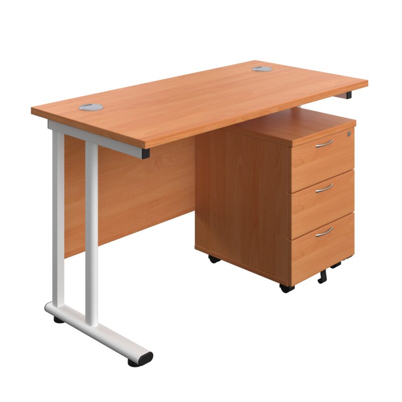 Twin Upright Rectangular Desk + Mobile 3 Drawer Pedestal | 1200X600 | Beech/White