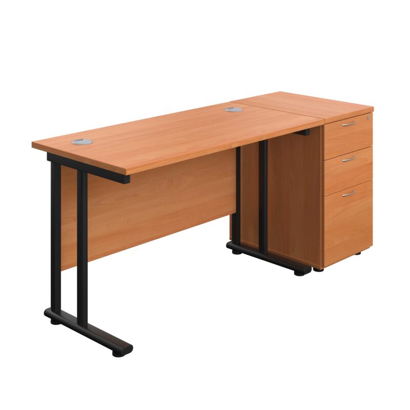 Twin Upright Rectangular Desk + Desk High 3 Drawer Pedestal | 1200X600 | Beech/Black