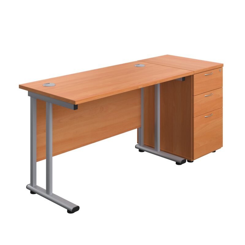 Twin Upright Rectangular Desk + Desk High 3 Drawer Pedestal | 1200X600 | Beech/Silver