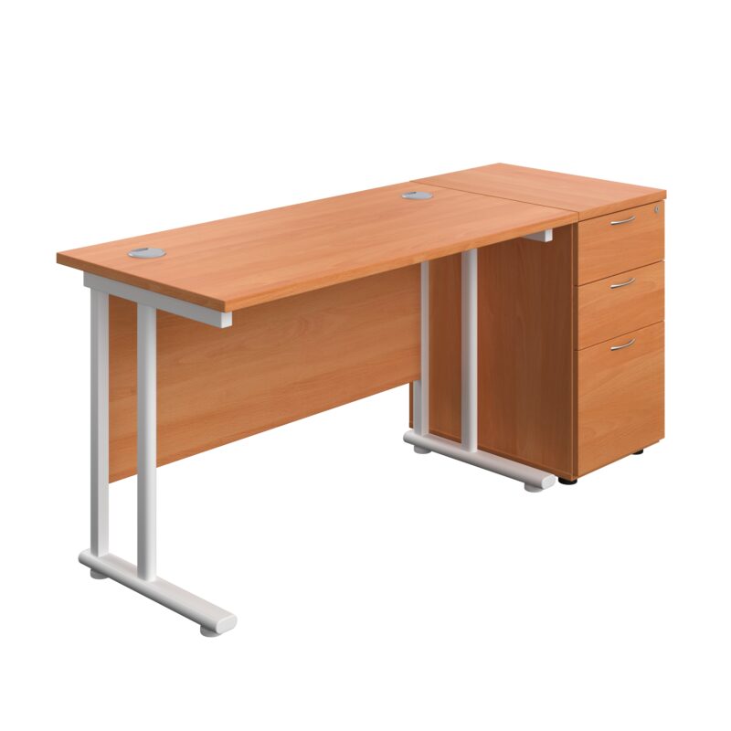 Twin Upright Rectangular Desk + Desk High 3 Drawer Pedestal | 1200X600 | Beech/White