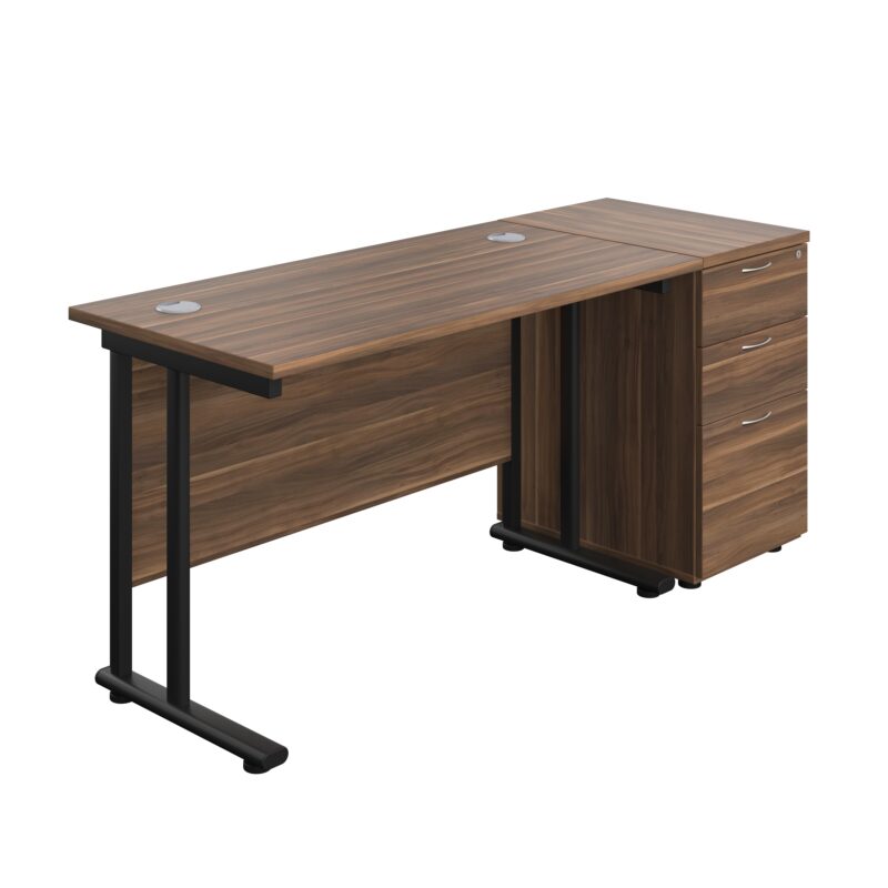 Twin Upright Rectangular Desk + Desk High 3 Drawer Pedestal | 1200X600 | Dark Walnut/Black