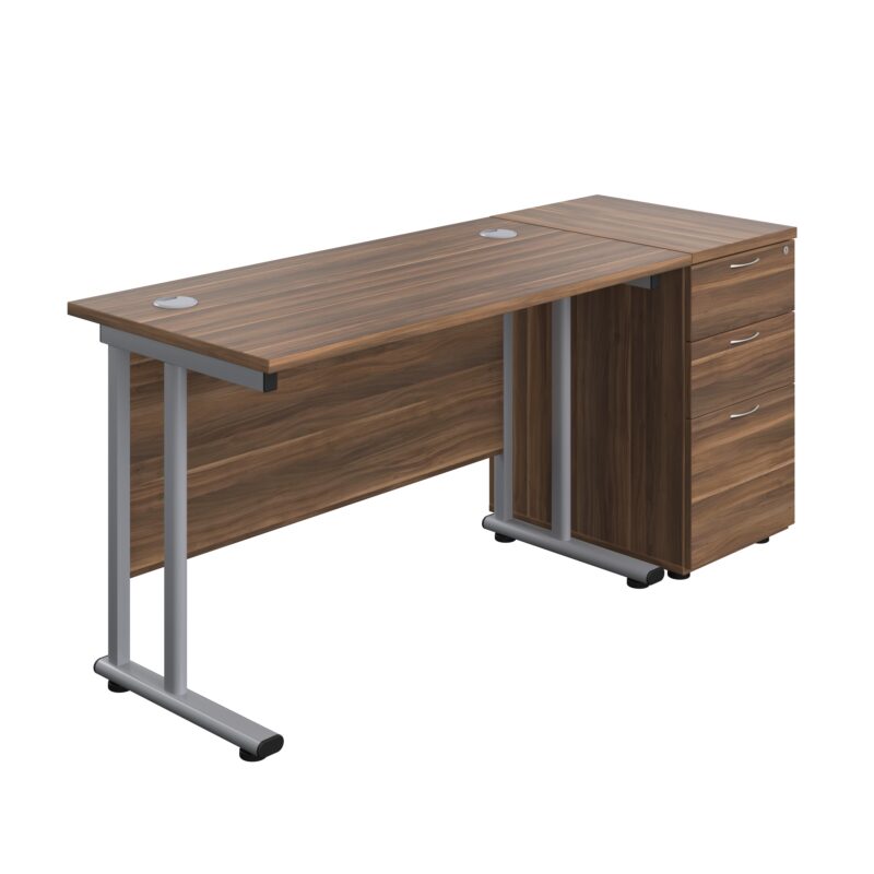 Twin Upright Rectangular Desk + Desk High 3 Drawer Pedestal | 1200X600 | Dark Walnut/Silver