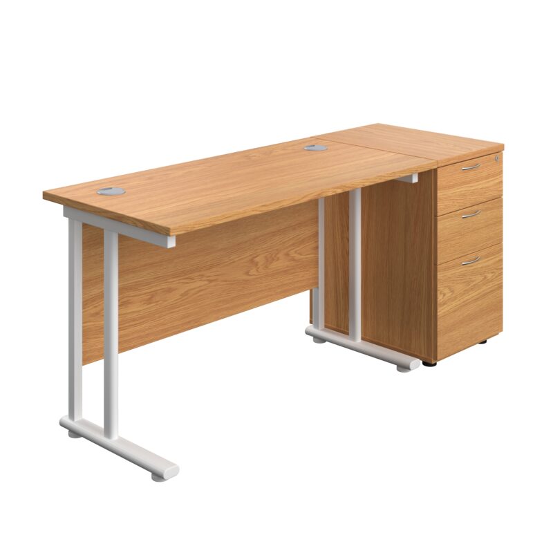 Twin Upright Rectangular Desk + Desk High 3 Drawer Pedestal | 1200X600 | Nova Oak/White