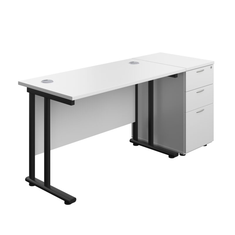 Twin Upright Rectangular Desk + Desk High 3 Drawer Pedestal | 1200X600 | White/Black