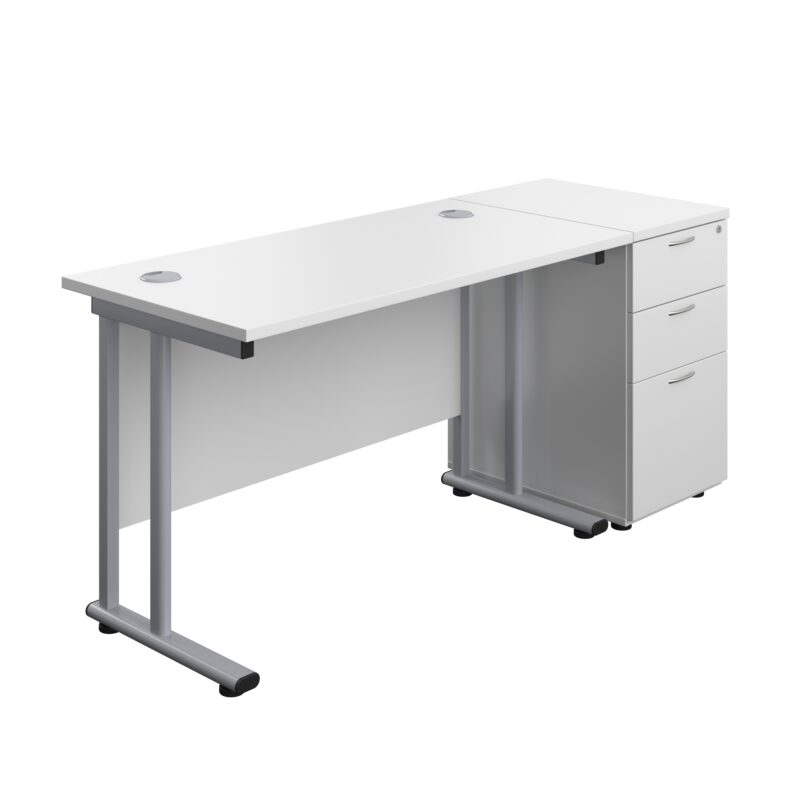 Twin Upright Rectangular Desk + Desk High 3 Drawer Pedestal | 1200X600 | White/Silver