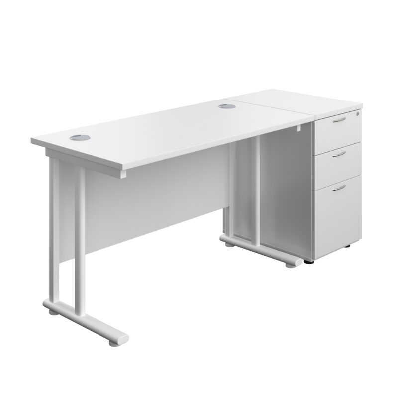 Twin Upright Rectangular Desk + Desk High 3 Drawer Pedestal | 1200X600 | White/White