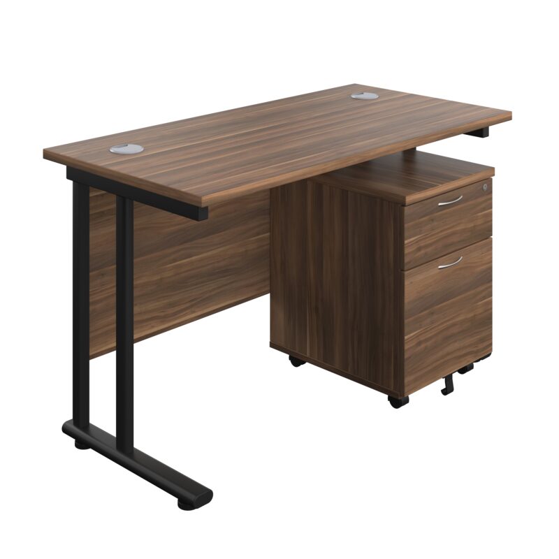 Twin Upright Rectangular Desk + Mobile 2 Drawer Pedestal | 1200X600 | Dark Walnut/Black