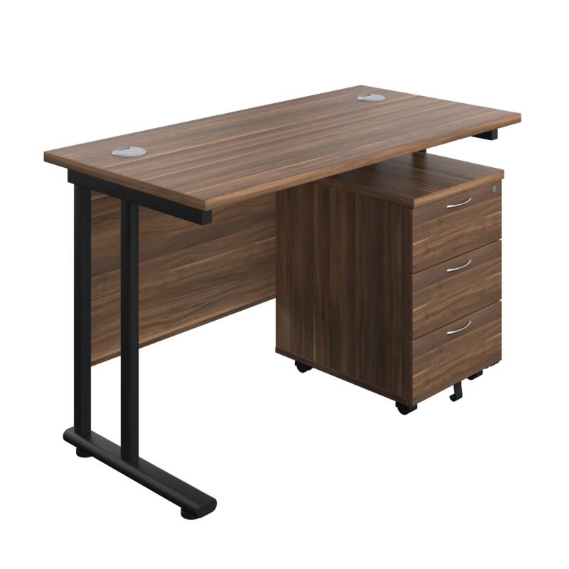 Twin Upright Rectangular Desk + Mobile 3 Drawer Pedestal | 1200X600 | Dark Walnut/Black