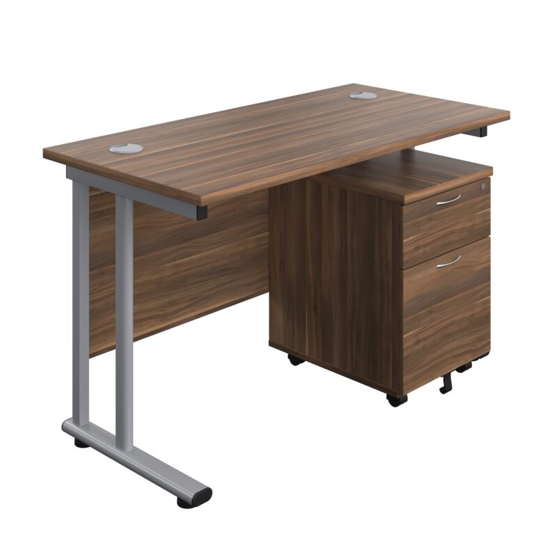 Twin Upright Rectangular Desk + Mobile 2 Drawer Pedestal | 1200X600 | Dark Walnut/Silver